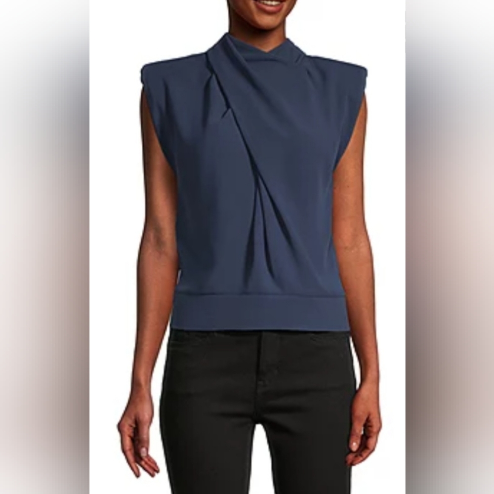 Sleeveless Navy Pleated Mock Neck Top